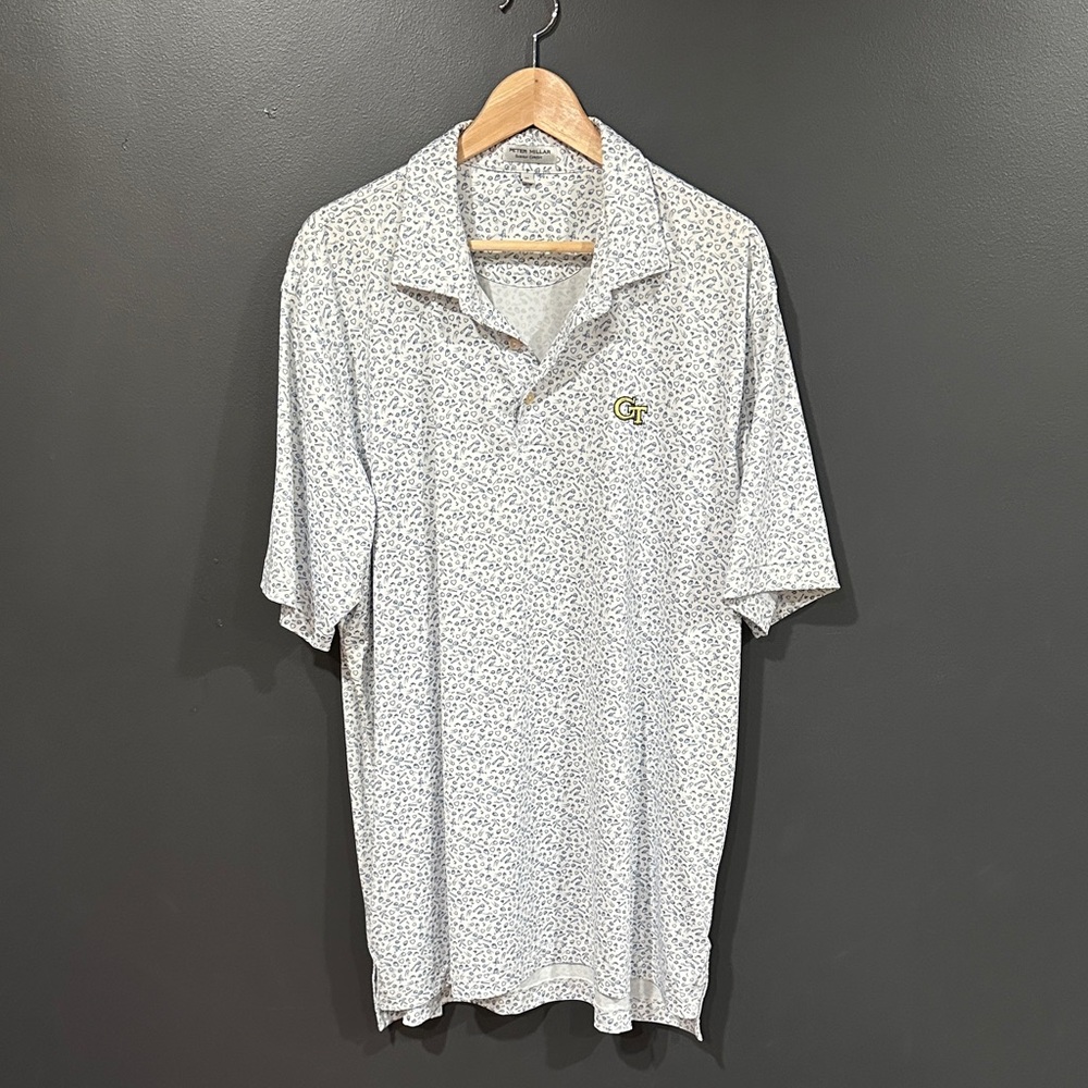 Peter Millar White Micro-Print Polo with Gold Embroidered Logo